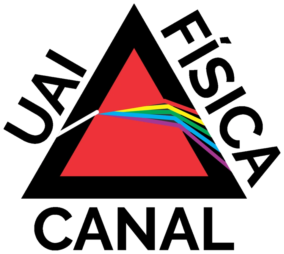 Logo do canal Uai Física: triângulo vermelho com um prisma decompondo a luz